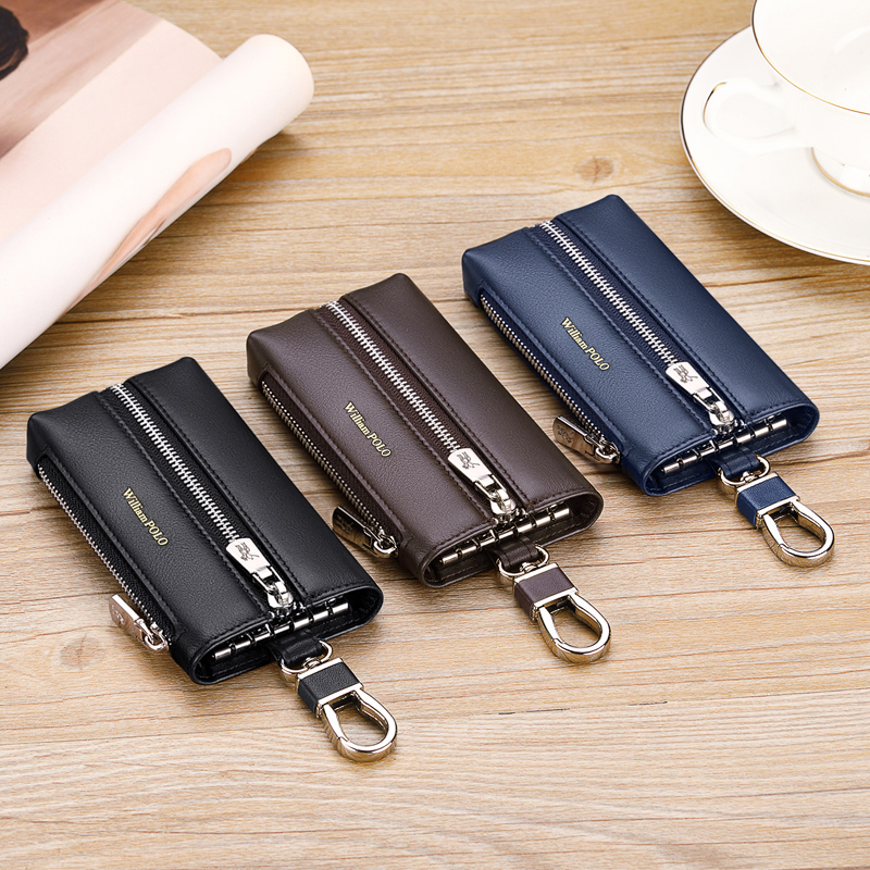 Popular cowhide car key package, leather zipper design, waist key holder, practical gift for men, durable key storage solution with premium cowhide ma
