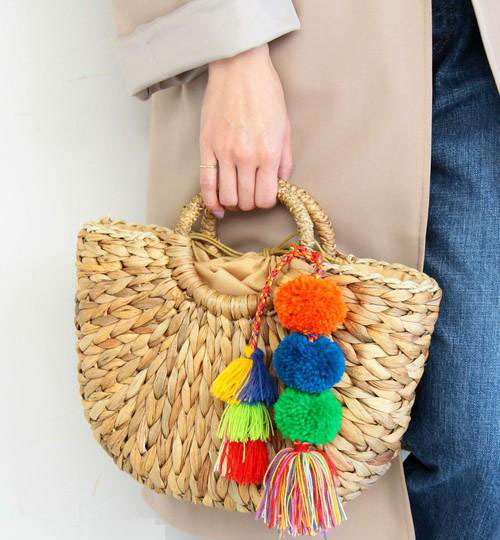 Big 37cm width Corn Stem Woven Female Summer Beach Straw bag decorated with fabric ball Pompom and Tassel A2892