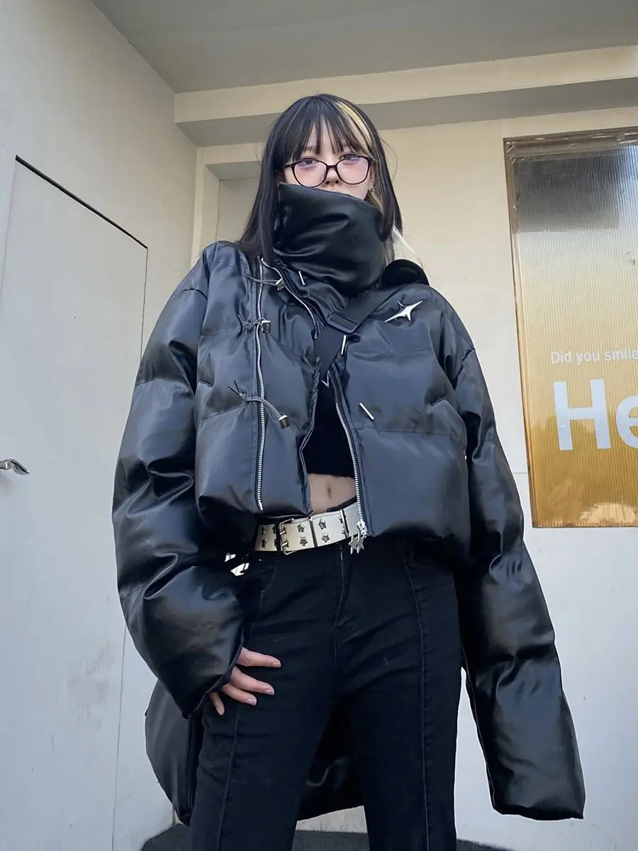 Gothic y2k Cropped Artificial Leather Inflatable Jacket Womens Zipper Upright Collar Winter Bubble Jacket Down Jacket Pu Warm Crop Top 241107