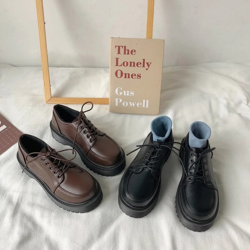Platform Leather Shoes Womens Casual Boat Shoes Retro Oxford Shoes Spring/Summer Fashion Lace Up JK Uniform Flat Shoes 241106
