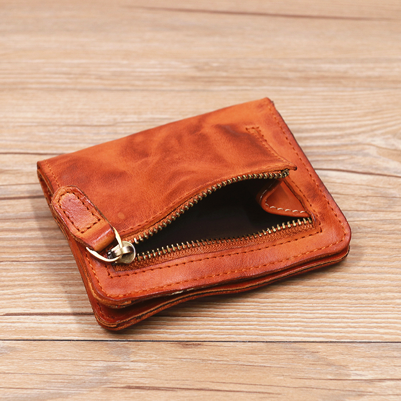 100% Genuine Leather Wallet For Women Men Vintage Cowhide Short Bifold Small Slim Lady Purse Card Holder With Zipper Coin Pocket