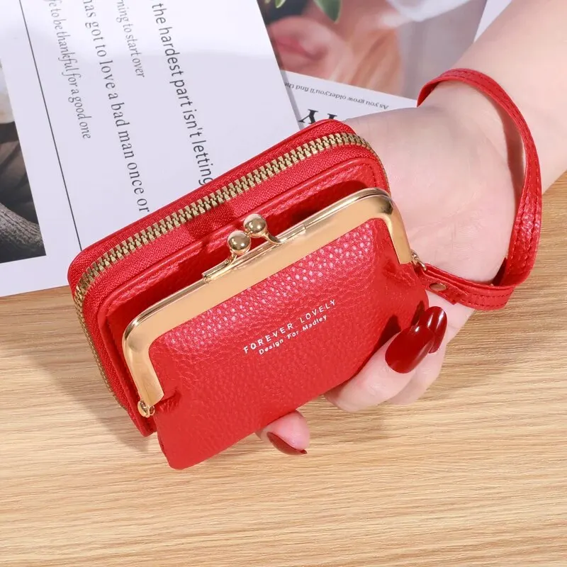 PT014,Women's Fashion Wrist Strap Short Zero Wallet Large Capacity Coin Multiple Positions Card Bag Money Clip