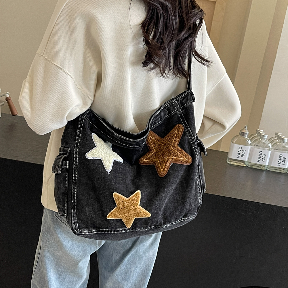 Star Denim Shoulder Bag Multi Pocket Tote Bag Trendy Crossbody Bag Retro Hobo Bag Large Capacity Messenger Bag for Women
