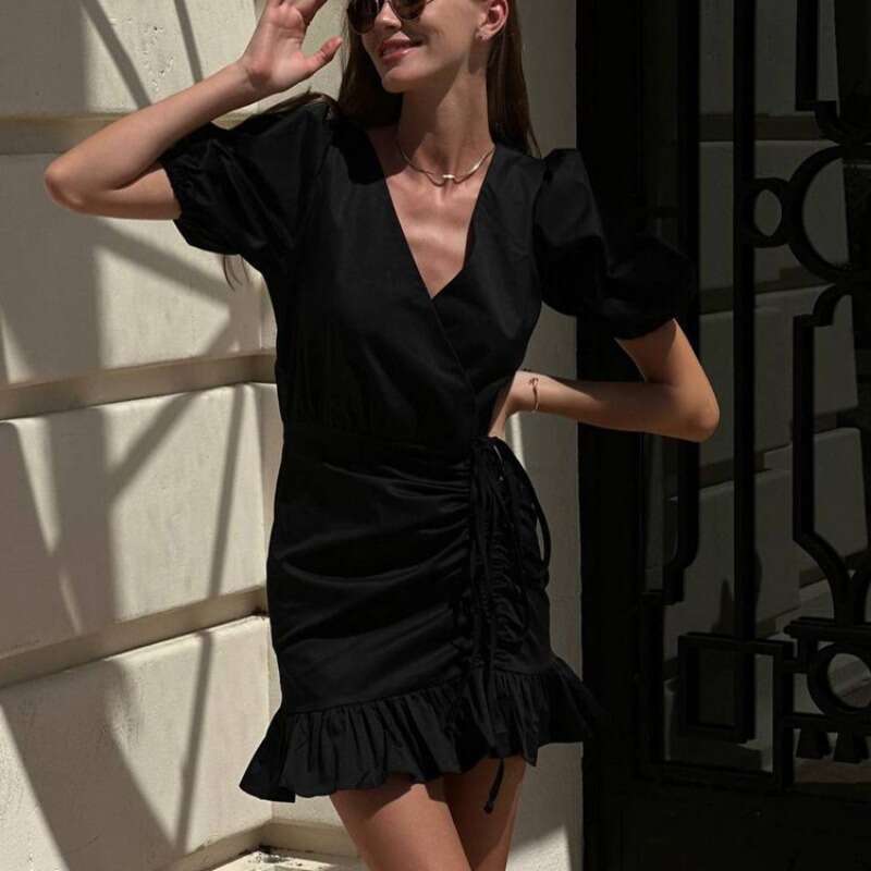 Talenza Ruffle High Waist Mini Women's Sexy V-Neck Puff Sleeve Drawstring Pleated Elegant Solid Party A-E Dress