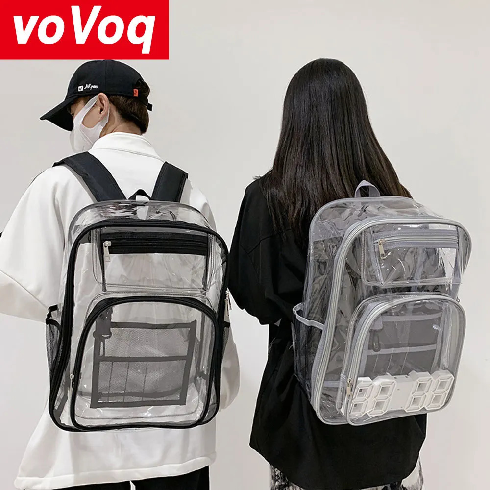 Korean transparent PVC backpack with large capacity waterproof zipper multi beach mens school bag casual womens travel bag 241106