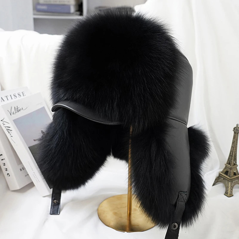 Winter Mens 100% Real Silver Fox Fur Bomber Hat Raccoon Fur Wusanka Hat Catcher Russian Mens Ski Hat Real Leather 241106