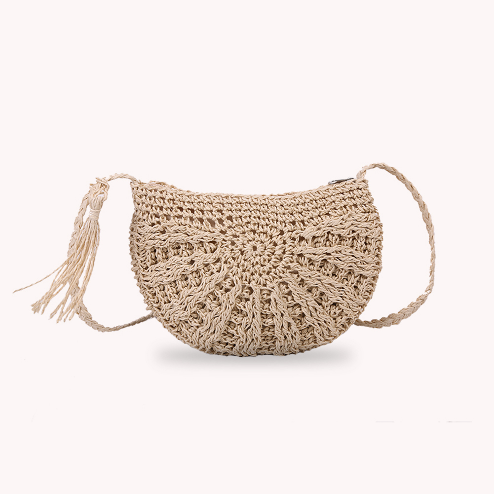 Leisure Straw Rope Handmade Woven Purse Semicircle Summer Vacation Shoulder Crossbody Bag Casual Shouder Bag Beachwear