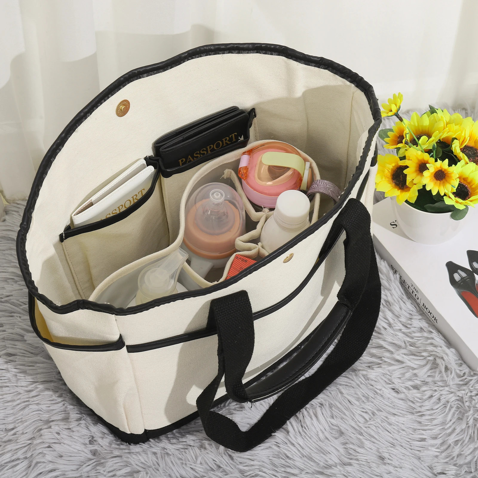 Retro casual canvas handbag spliced colorful thick capacity shoulder bag multi-layer womens shopping bag 241106