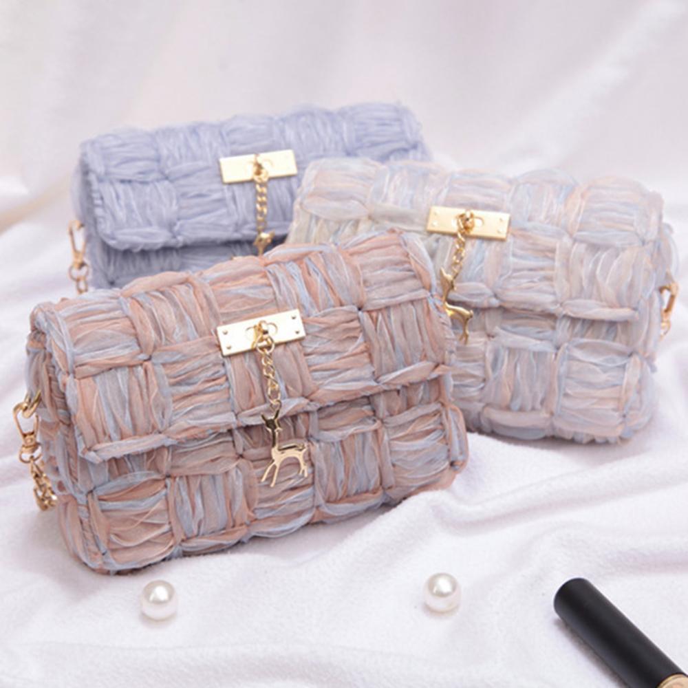 Fashion Women Solid Color Deer Design DIY Ribbon Yarn Mesh Shoulder Bag Pouch Making Kit Cute Soft Handmade Women Crossbody Bags