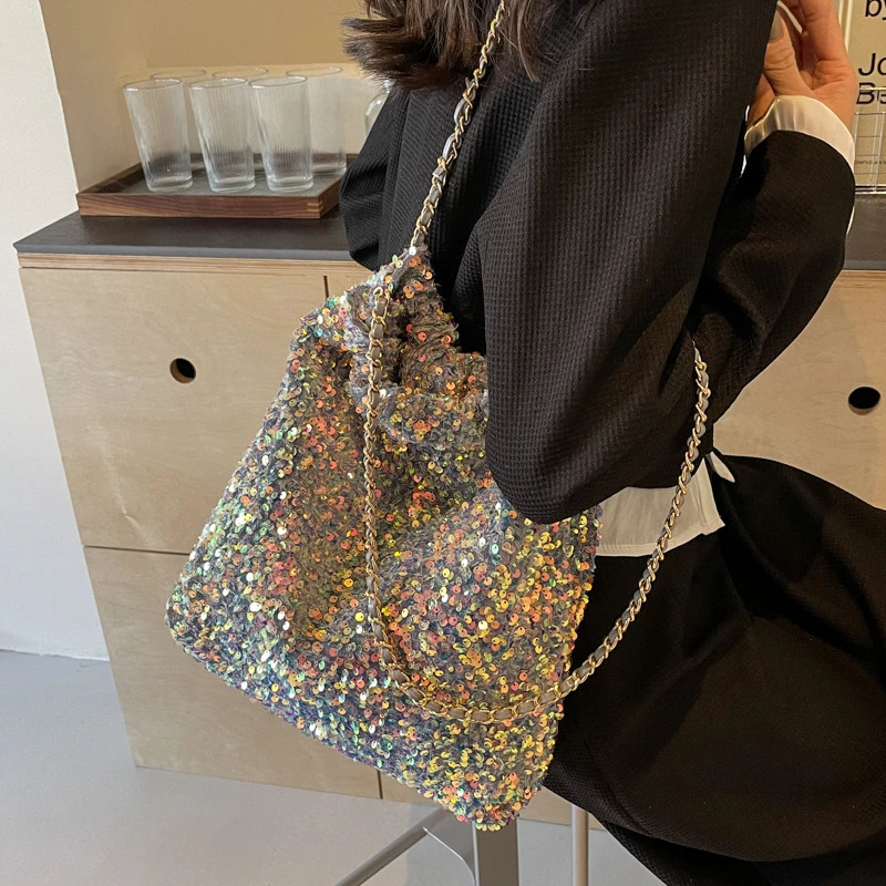 PU sequin chain shoulder bag buckle solid fashionable womens bag high-quality soft Versatile high-capacity womens bag 241106