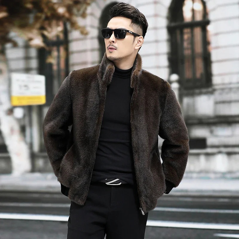 Mens thick warm leather jacket for autumn and winter mens short sleeved stand up collar jacket mens natural mink coat P519 241107