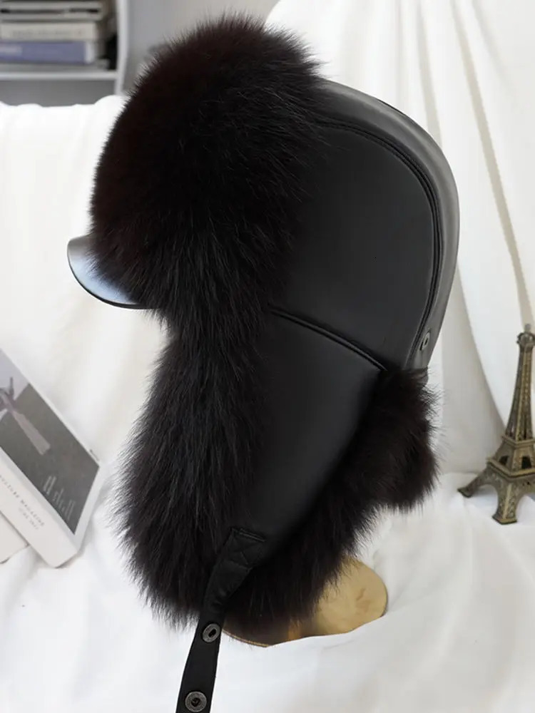 Winter Mens 100% Real Silver Fox Fur Bomber Hat Raccoon Fur Wusanka Hat Catcher Russian Mens Ski Hat Real Leather 241106