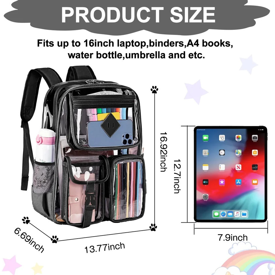 Large transparent backpack heavy-duty sports stadium approved girls backpack waterproof PVC transparent girls backpack 241106