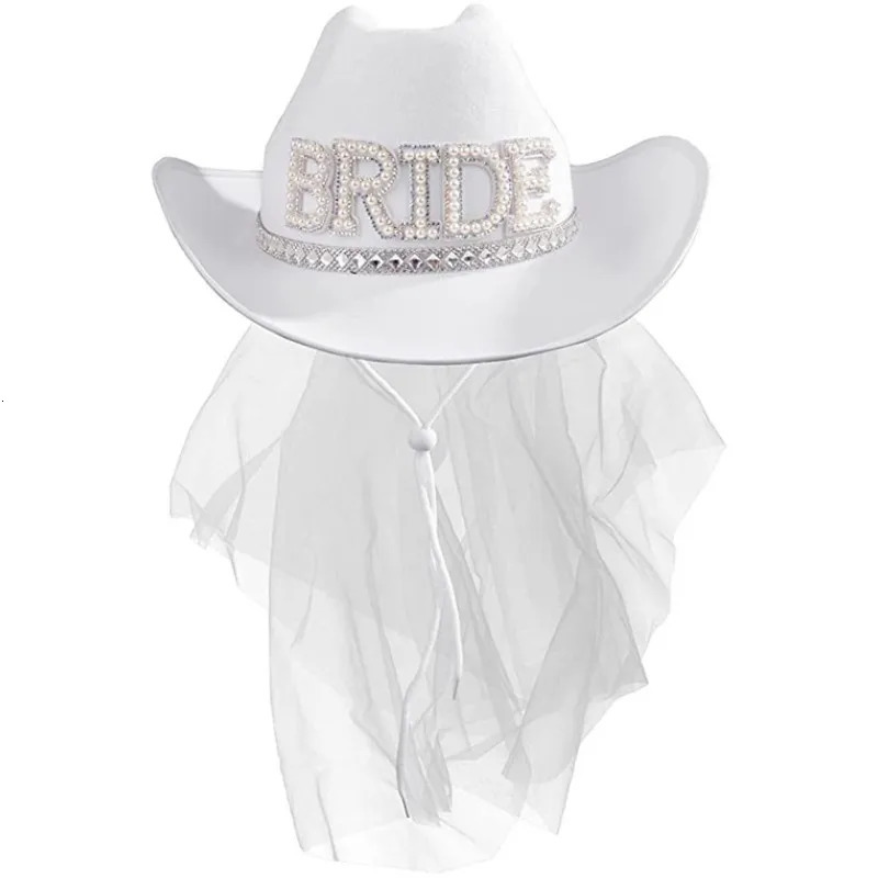 Happy Wedding Bridal Cowboy Hat Fashion Pearl Diamond Veil Bridal Cowboy Hat Western Wedding Valentines Day Party Decoration 241106
