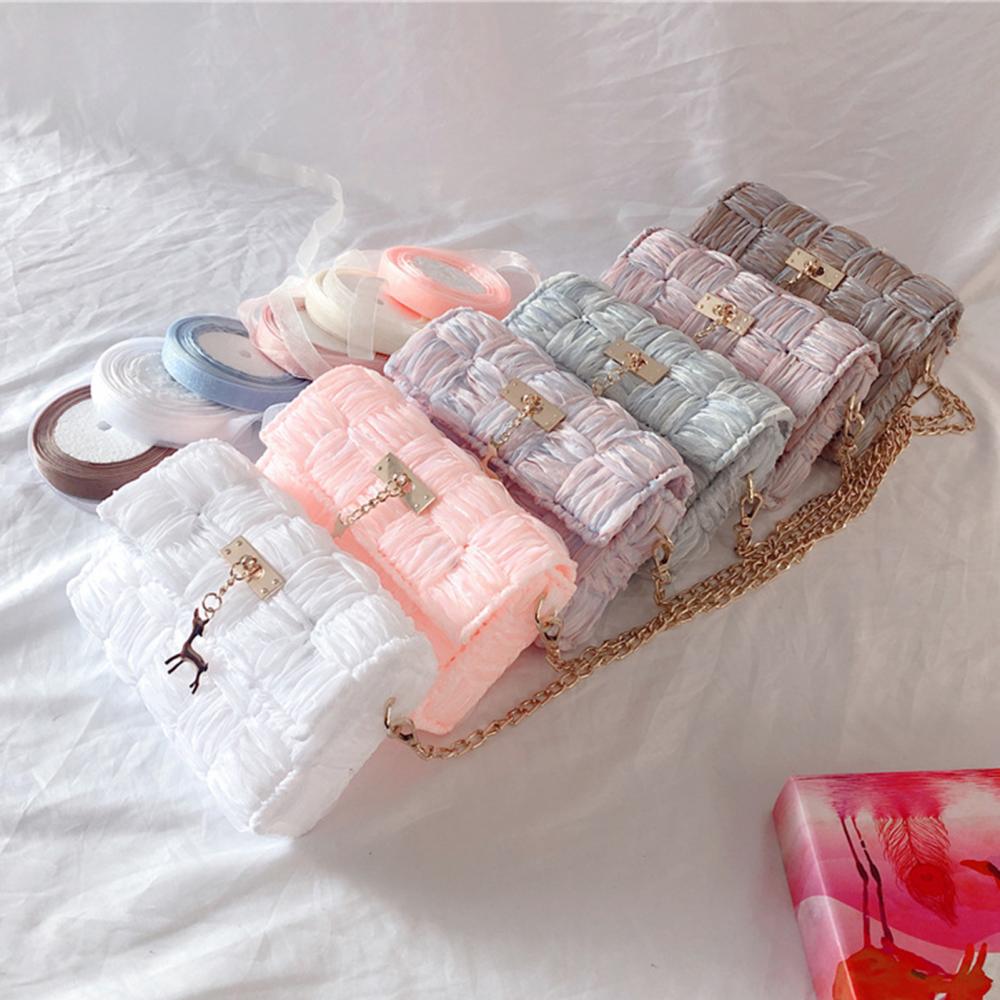 Fashion Women Solid Color Deer Design DIY Ribbon Yarn Mesh Shoulder Bag Pouch Making Kit Cute Soft Handmade Women Crossbody Bags