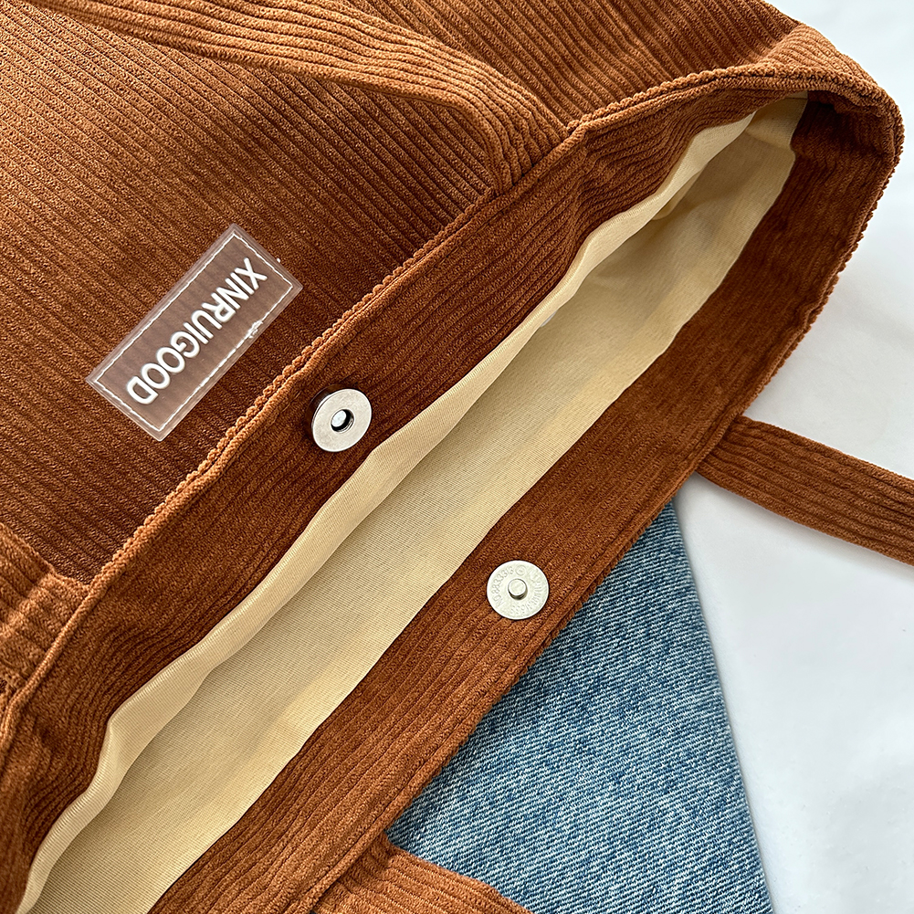 Women Corduroy Tote Bag with Pockets Compartments Large Capacity Shoulder Bags Cord Tote Bag Handbags for School Work Shopping