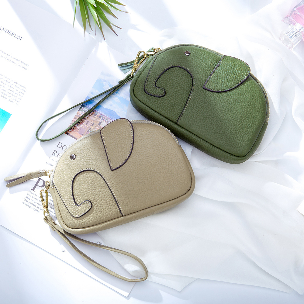 Cute Elephant Clutch Bag Leisure Fashion Portable Circular Round Genuine Leather Wallet Solid Color Zipper Coin Holder Purse New