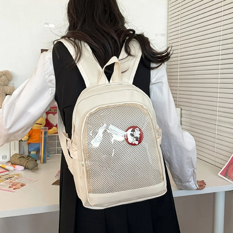 Japanese Womens School Girl Nylon Backpack Transparent Anime Pin Display Itabag School Bag Belt Transparent Pocket 241107