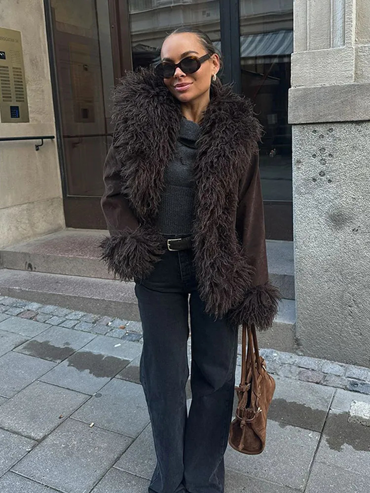 Vintage Coffee Faux Fur Spliced Coats Women Fashion Lapel Long Sleeve Thick Warm Jacket Autumn Winter Female Warm Streetwear 241107