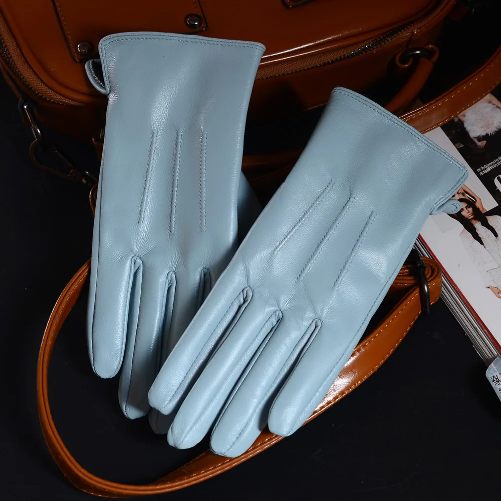 Womens Ladies 100% Real Leather Sheep skin Elegant Winter Warm Thick Lining White Pink Colorful Cute Outdoor Short Gloves 241107