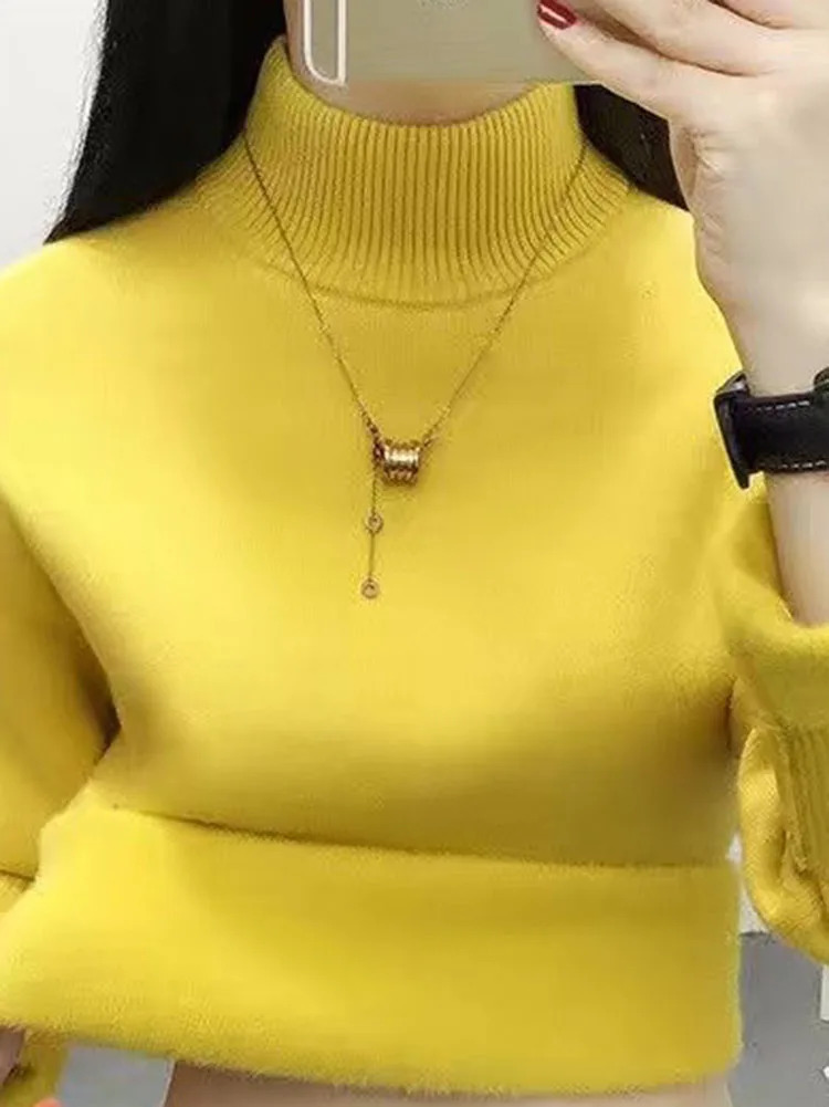 Slim Plush Half Turtleneck Sweaters Womens Knitwears Velvet Warm Jumper Elastic Thick Knitted Pullovers Soft Fleece Suete 241107