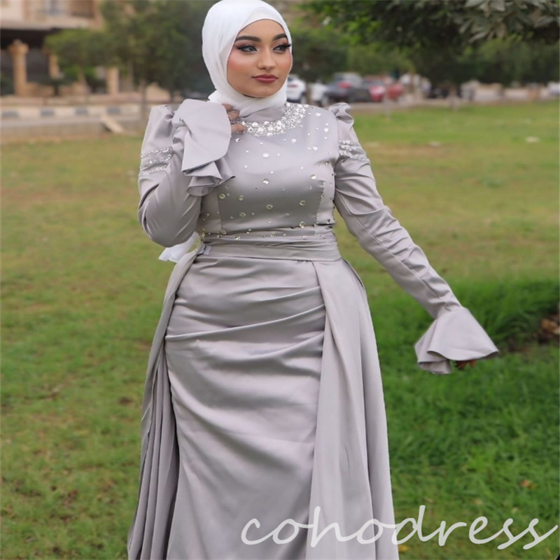 Gorgeous Silver Muslim Evening Dresses With Overskirt Train Islamic Middle East Arabic Dubai Prom Dress With Crystal Beaded Mermaid Birthday Dress Lon