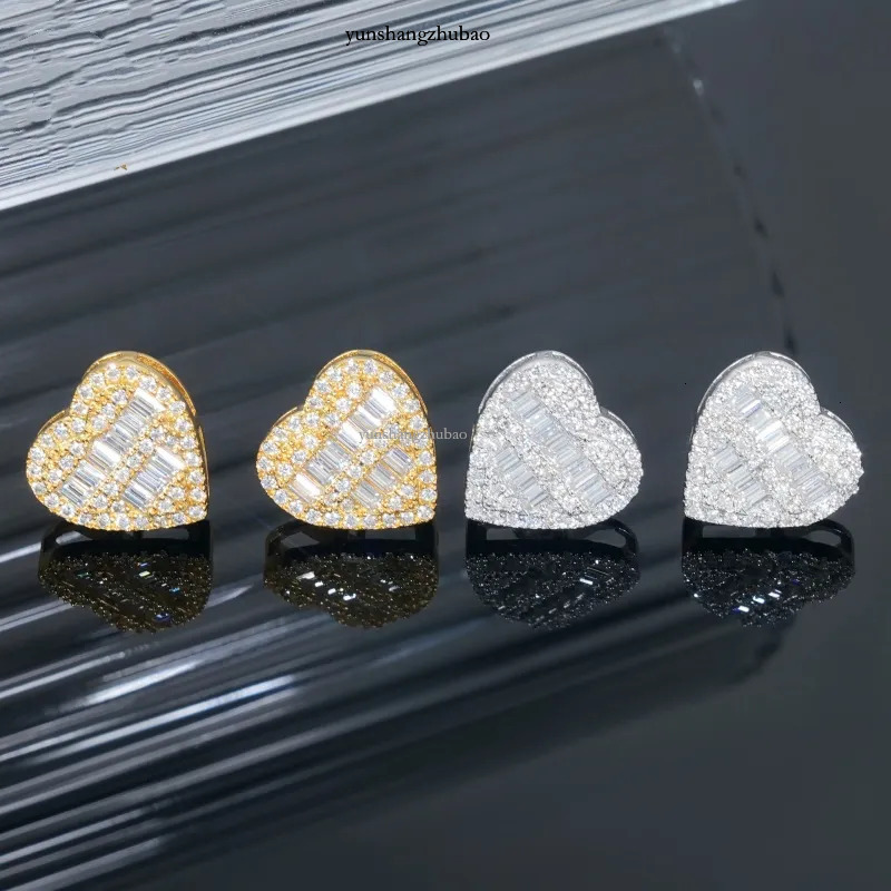 Yellow White Gold Plated Sterg Sier VVS Baguette Moissanite Heart Earrings Studs Nice Gift for Men Women