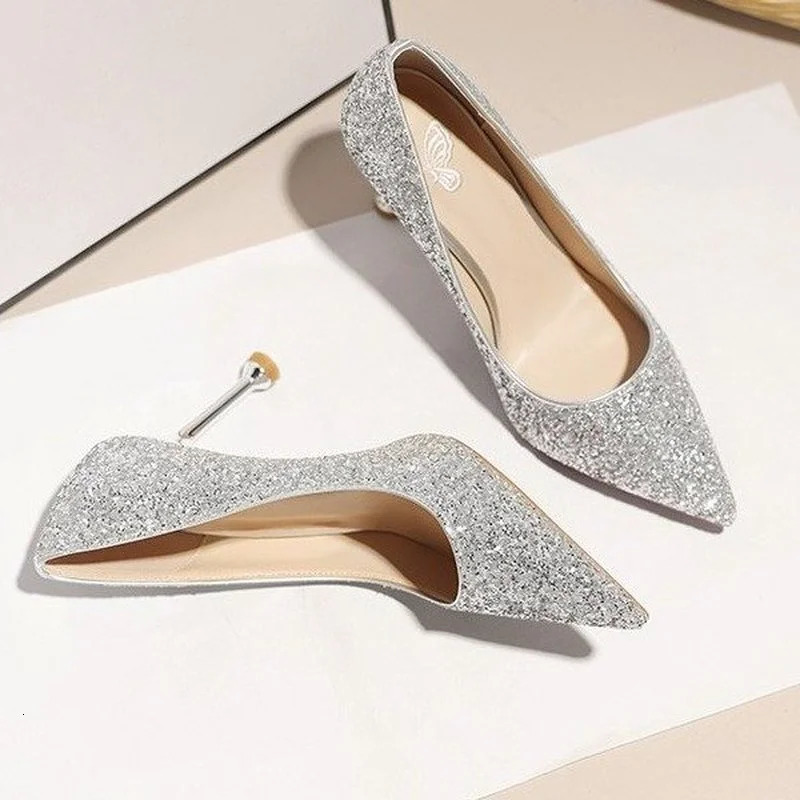 Women Pumps High Thin Heel Metal Pointed Toe Shallow Sexy Ladies Bling Bridal Wedding Women Shoes White High Heels 241106