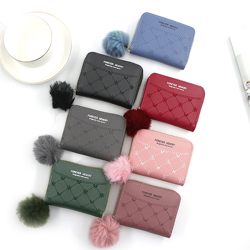 Tri-Fold Hairball Women Short Wallet Solid Color Mini Clip Coin Purse For Ladies Credit ID Card Holder Female Money Bag Y260206