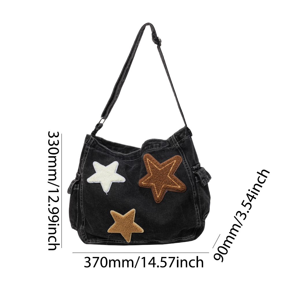 Star Denim Shoulder Bag Large Capacity Trendy Crossbody Bag with Zipper Adjustable Strap Messenger Bag Multi Pocket for Women