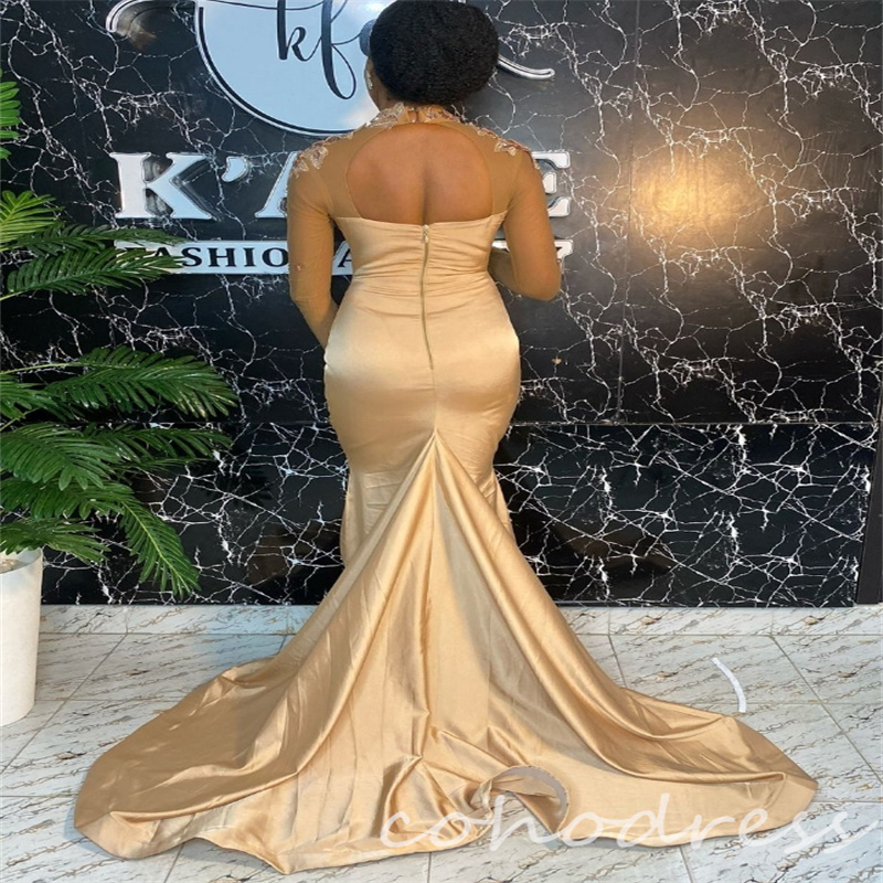 Champagne Mermaid Evening Dresses Illusion Long Sleeve Mermaid African Prom Dress Beaded Appliques Satin Ceremony Dress Black Girls Vestidos De Festa 