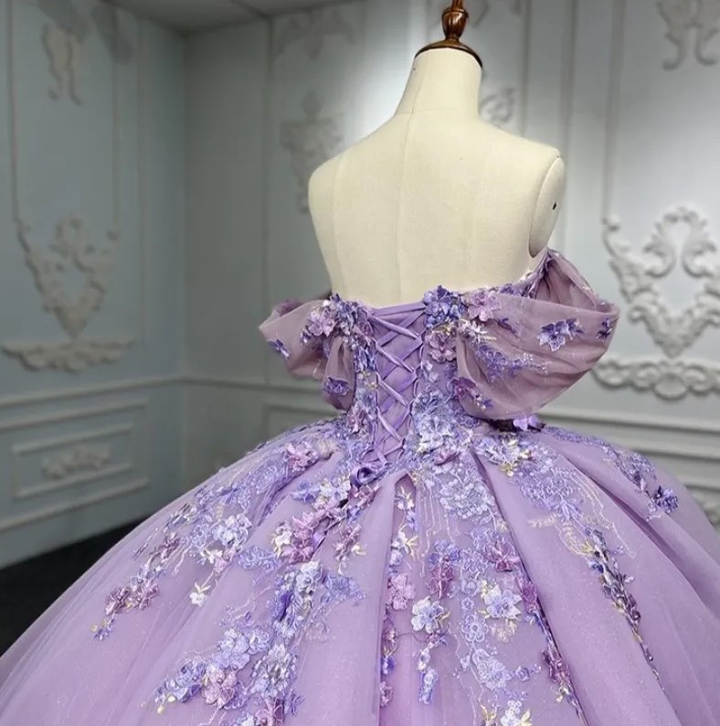 Lavender Glitter Sweetheart Quinceanera Princess Prom Party Dresses 3D Flowers Applique Ball Gown Sweet 15 16 Dress For Girls 1107