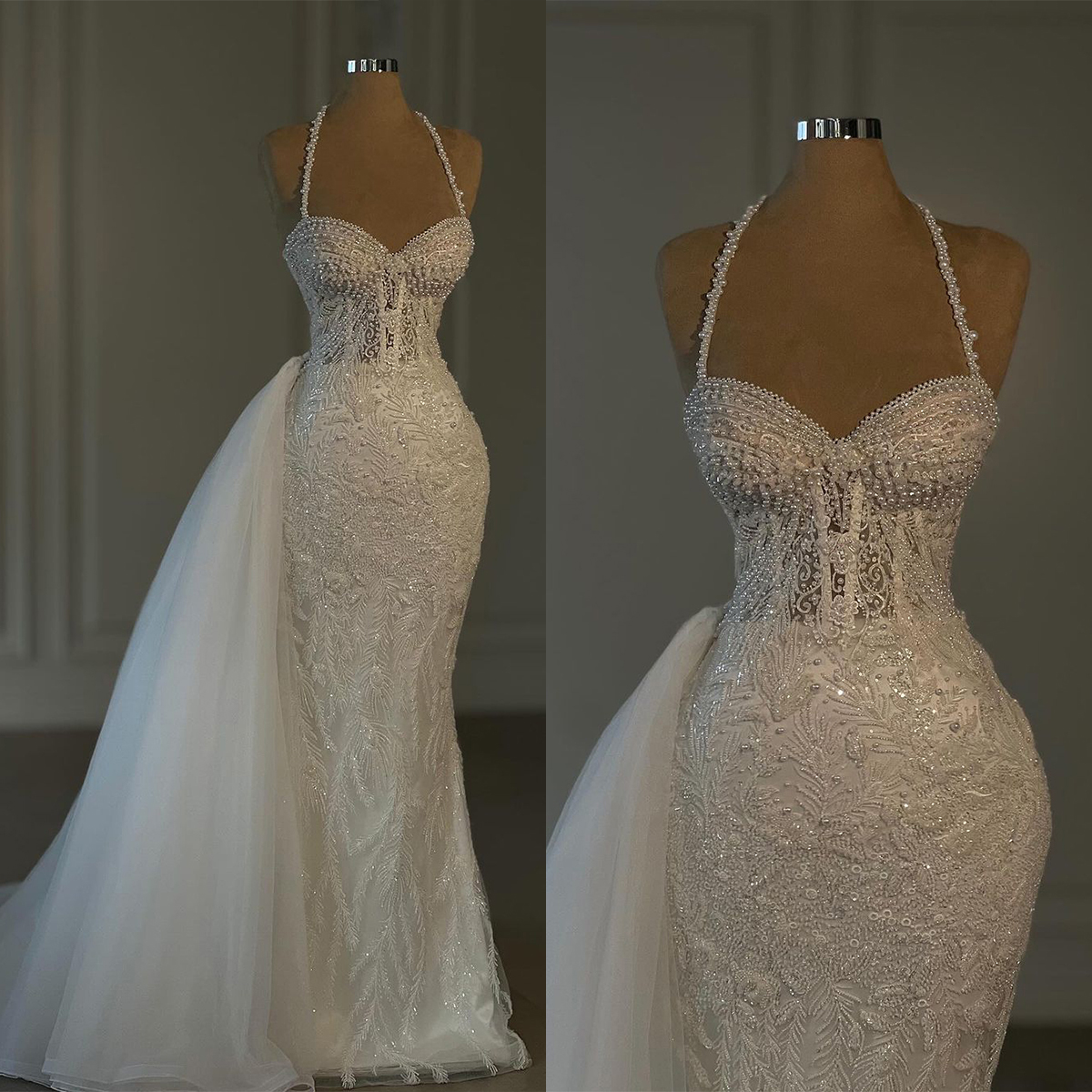 Elegant Mermaid Wedding Dress Sweetheart Neck Halter Pleats Bridal Gowns Pearls Lace Appliques Sweep Train Dresses Custom Made vestidos de novia