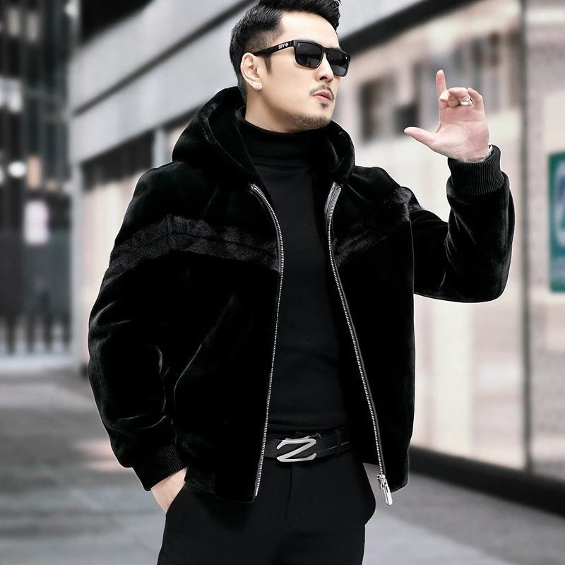 mens autumn and winter fashion faux mink coat mens long sleeved hooded jacket mens faux fur ultra-thin warm jacket I551 241107