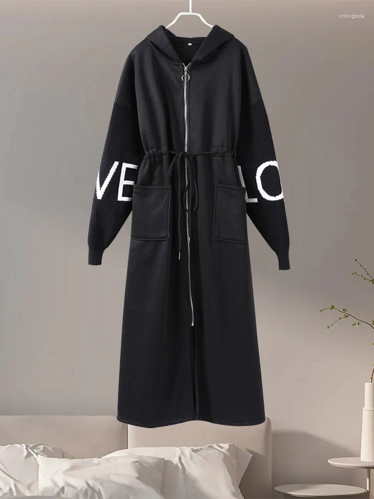 Womens Trench Coats Long Women Solid Casual Hoodies Lace Up Letter Sleeves Pockets Female Top 2024 Autumn Winter Eleagnt Lady Outerwears