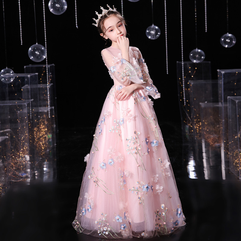 2024 new Luxurious Flower Girl Dress long sleeves 3D flowers lace appliques pink Ball Gown Princess First Holy Communion wears cheap communion pageant