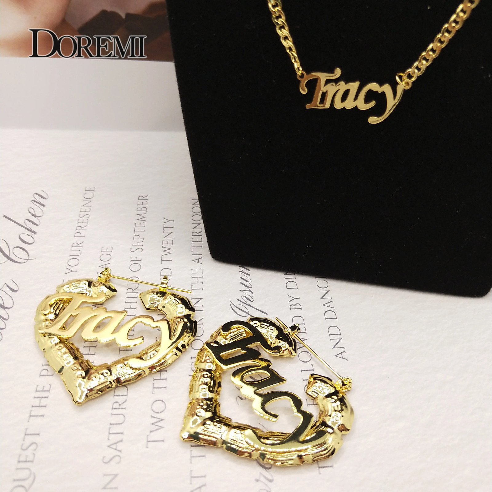 Doremi Name Earrings and Necklace Set Heart shaped Bamboo Earrings 3MM Cuban Chain Customized Bamboo Hoops Personalized Name Earrings 241106