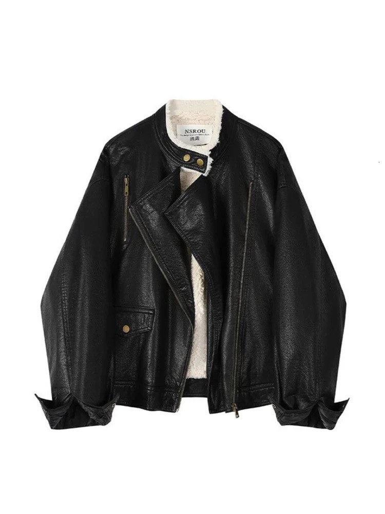 Womens Brown Leather Jacket Emo Mustang Coat Harajuku Retro Long Sleeve Motorcycle Jacket Coat 2000 Winter Clothing 241107