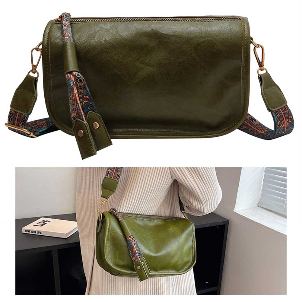 Women Retro Shoulder Bag with Graphic Pattern Wide Strap Fashion Sling Bag Large Capacity Zipper Closure Daily Purse for Female