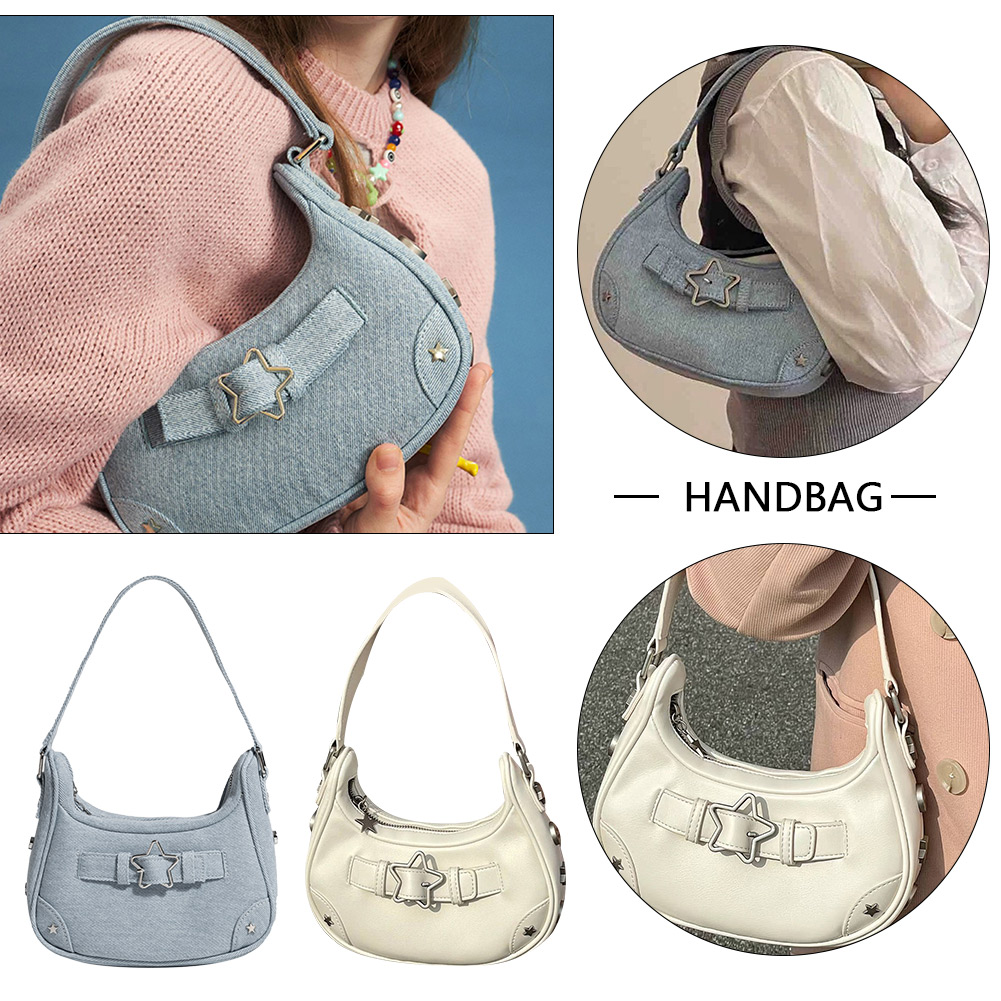 Underarm Bag Women Vintage Y2K Shoulder Handbag Star Decor Solid Color Fashion Gift for Girls Ladies Purse Tote Bag