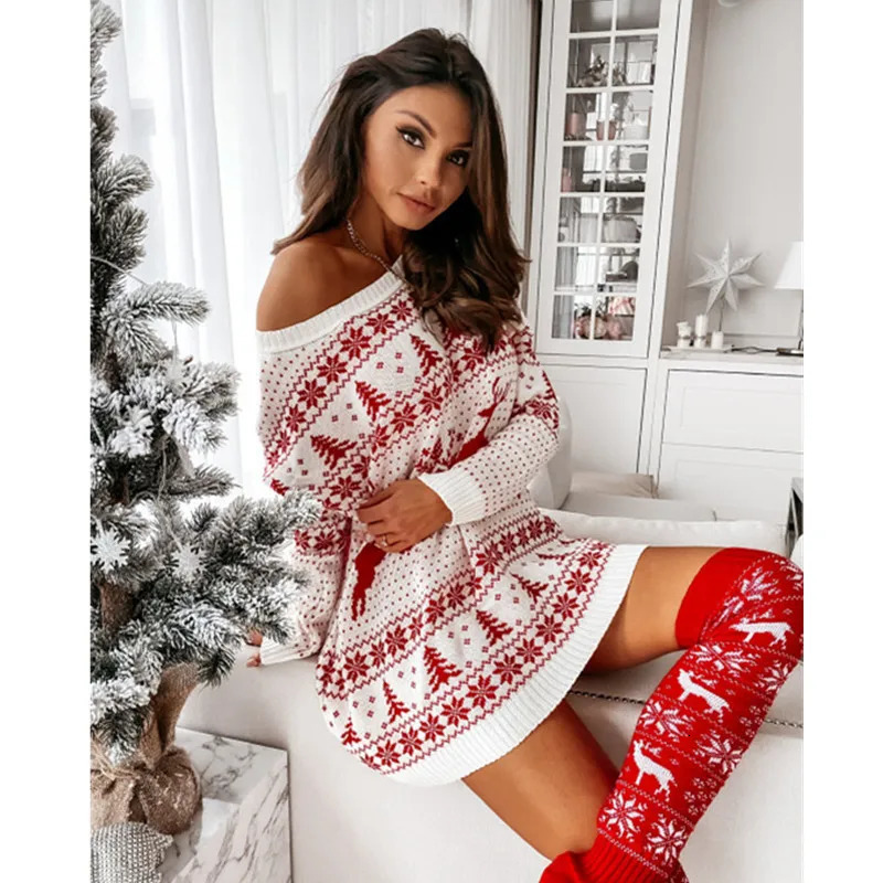 y2k Women Christmas Dress Snowflake Fawn Print Sweater Jacquard Knitted Loose Fit Long Sleeve O-neck Dress Autumn Winter Dresses 241107