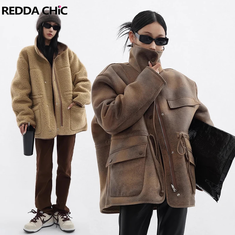 REDDACHIC Lambswool wool reversible leather jacket womens denim brown oversized bomber jacket motorcycle warm winter jacket 241107