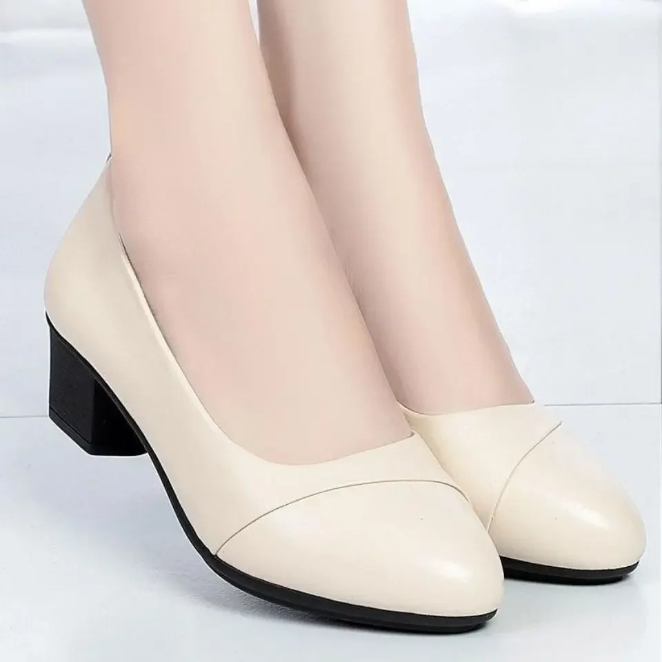 Shoes Women Mid Heel Office Lady Pumps PU Leather Black Basic Square Heeled Spring Autumn Loafers Female Zapatos 241106