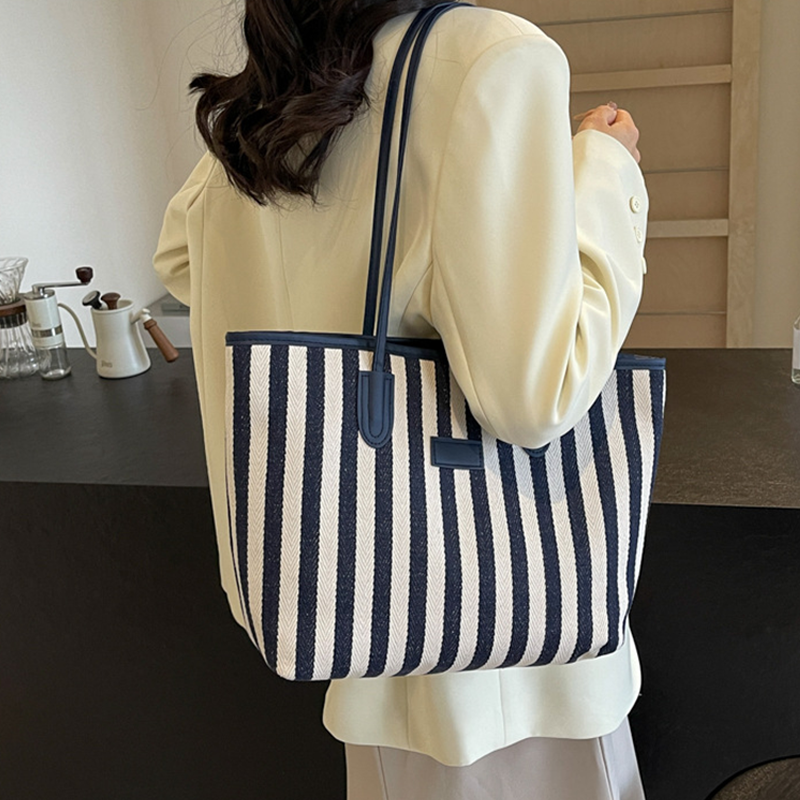 Canvas Bag For Women Large Tote Shoulder Shopping Striped Hand Bag Female Soft Fabric Cotton Black And White Big Casual Ladies