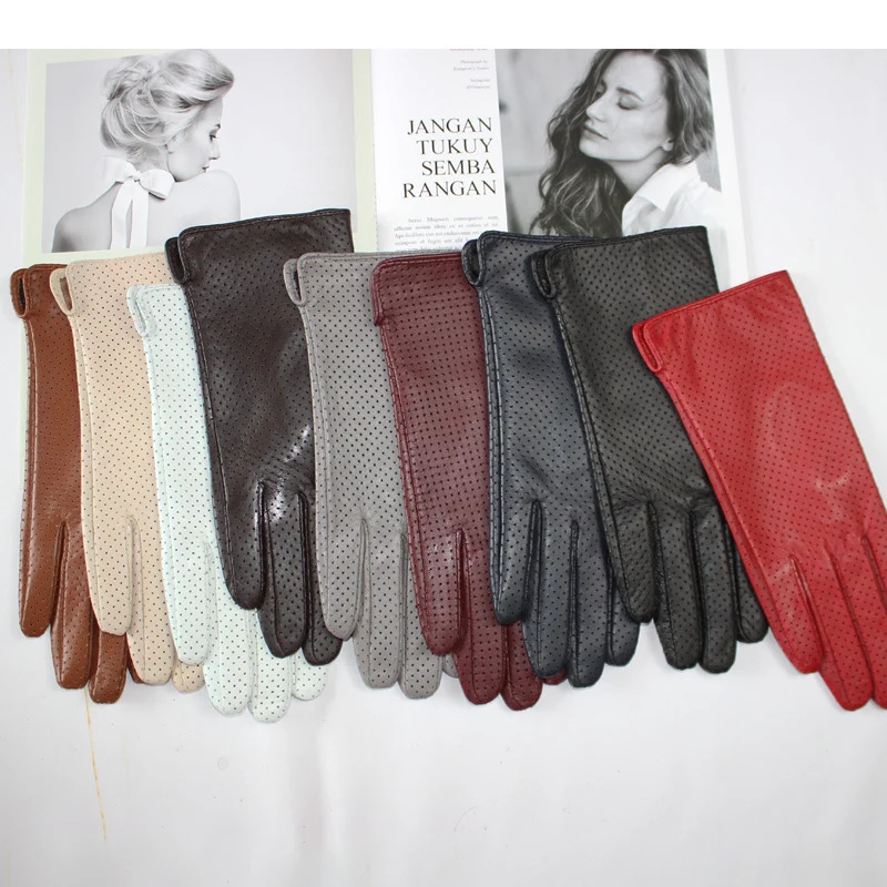 Womens Sheepskin Gloves Fashion Full Network Cool Breathable Silk Lined Leather Driving Gloves 241106