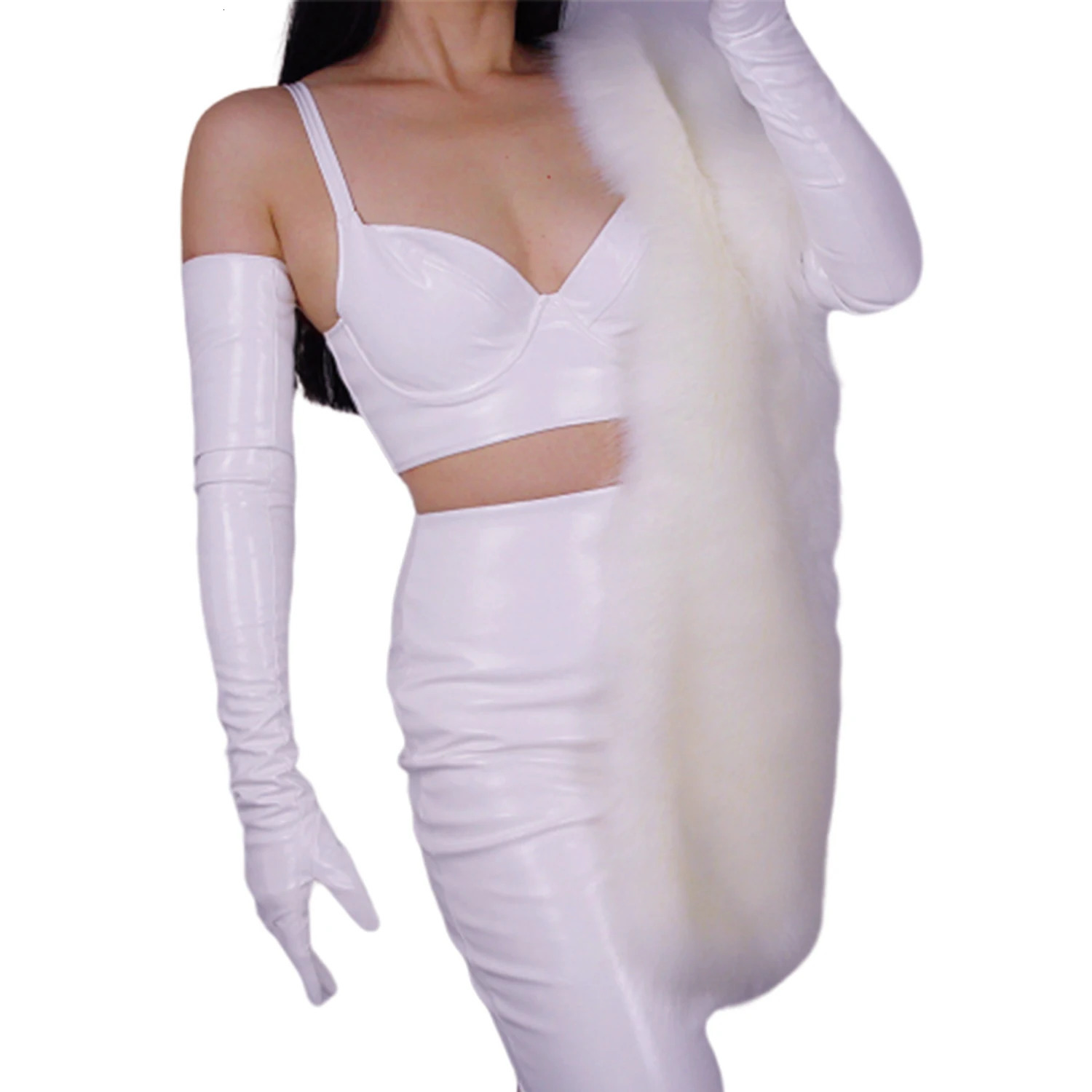 DooWay Womens Patent Leather Gloves Shine White Latex Wet look Faux PU Formal Nightclub Christmas Wedding Opera Long Glove 241107
