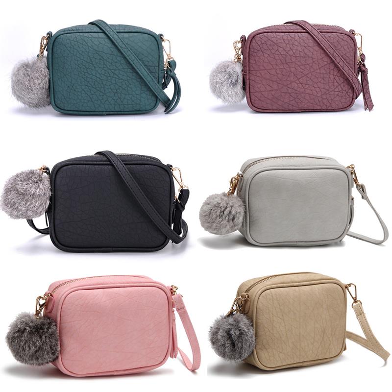 Casual Women Mini Crossbody Bag Embossed PU Leather Small Messenger Shoulder Bag With Pompom Female Tote Sac