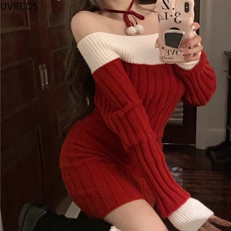 Sexy Red Christmas Dress Women Autumn Winter Korean Style Slash Neck Bodycon Knitted Dresses Female Elegant Y2k Party Mini Dress 241107
