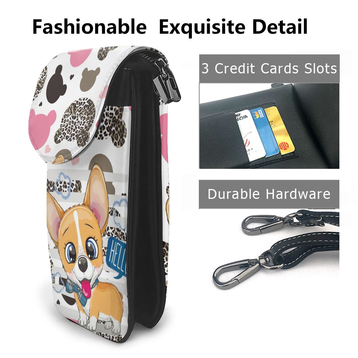 Cartoon Corgi Print Women Purses PU Leather Shoulder Strap Bag Mobile Phone Pockets Card Holders Wallet Handbag for Girls