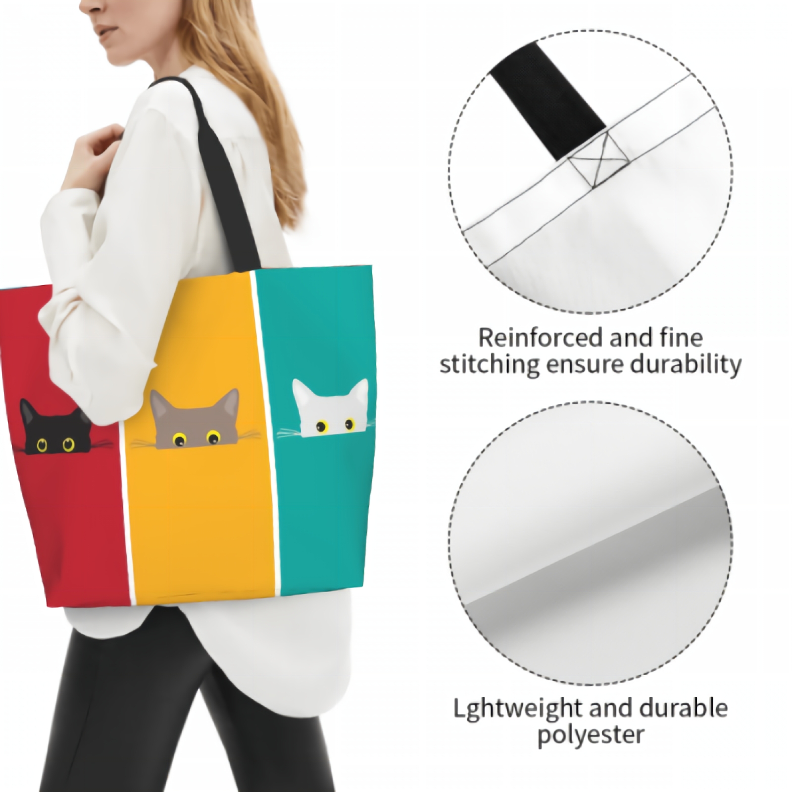 Hiding Cats Balck Brown White Kitten Cute Pussy Red Yellow Green Backdrop Canvas Tote Bag for Women Weekend Kitchen Grocery Bag